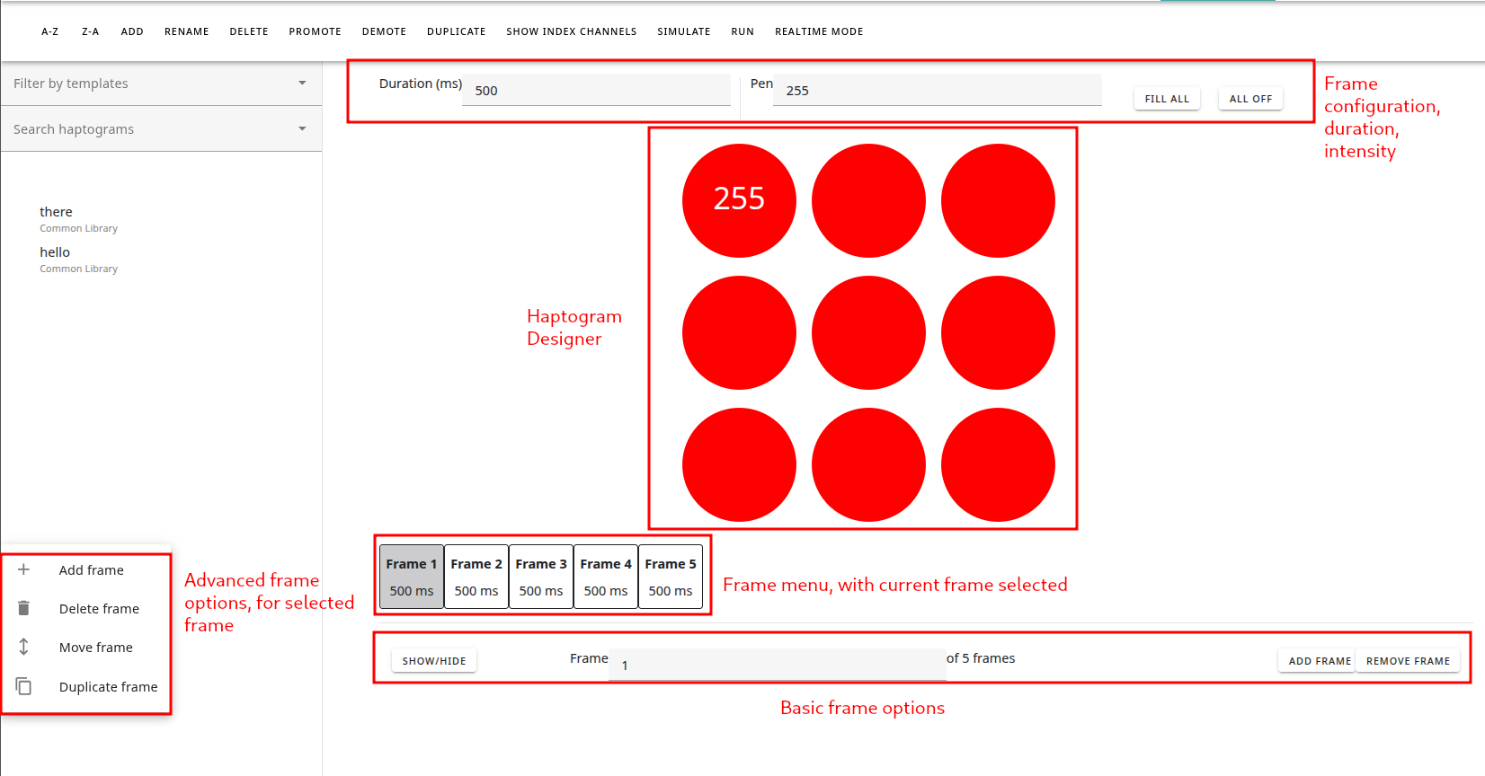 Haptogram screen with highlighted items